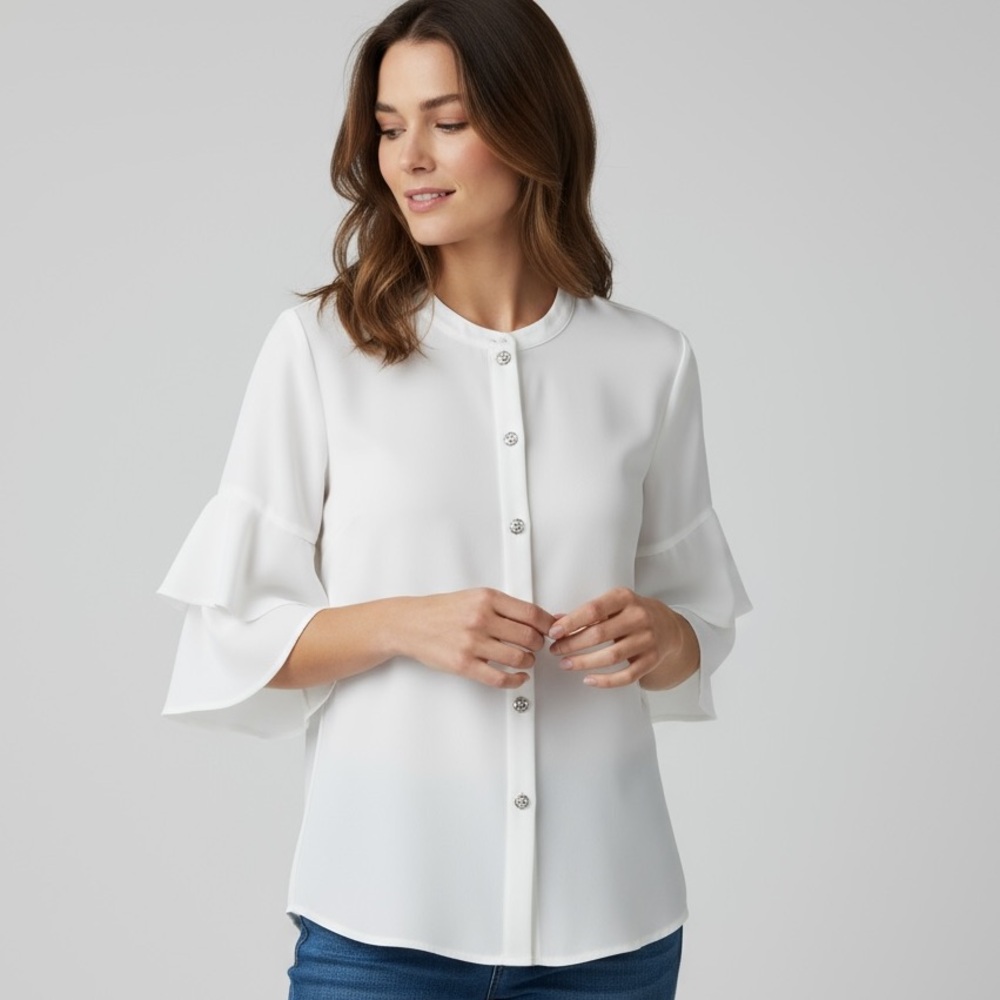 CABI - WHITE DRESSY BLOUSE - BOHO SLEEVES - ELEGANT BUTTONS - GREAT CONDITION B8
